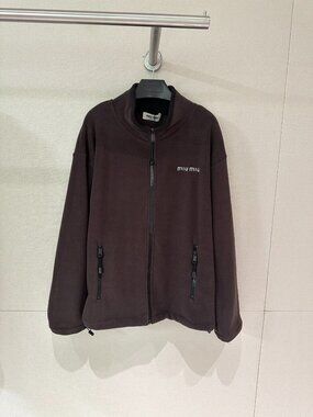 Miu Miu Brown Fleece Zip Up Jacket Embroidered Logo Oversized Stand Collar S